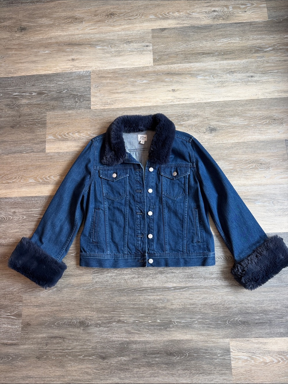 J. Crew Dark Blue Denim Jacket with Faux Fur Collar & Cuffs